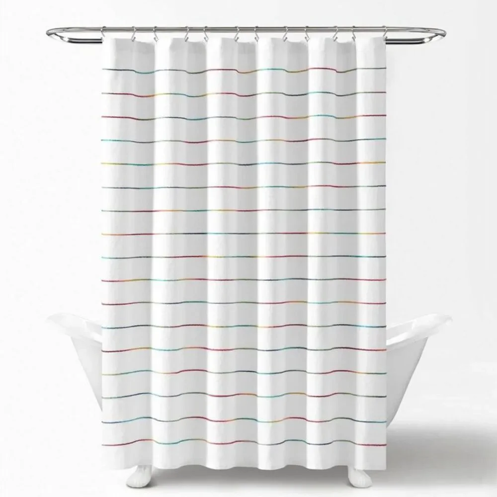 Ombre Striped Yarn Dyed Cotton Shower Curtain White/Rainbow - Lush Décor